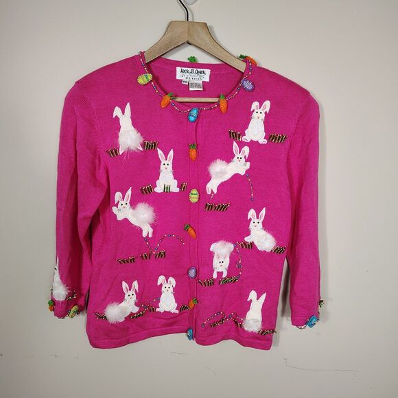 Vtg Jack B. Quick Bunny Rabbit Easter Eggs Cardigan Womens Bright Beaded Small P - Picture 1 of 9